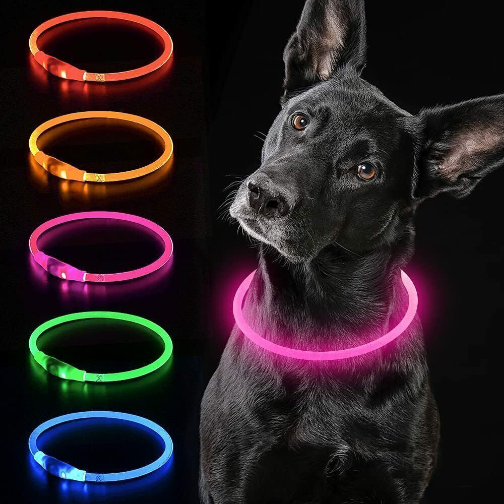RECHARGEABLE LED PET GLOW COLLAR Night Safety Adjustable Flash Light-Up for Dog