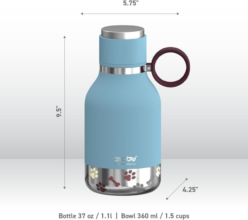 Buddy Bottle a Stainless Steel Insulated Water Bottle for with Removable Dog Water Bowl and Dog Food and Treat Storage Bowl (Blue, 37 Oz Water Bottle with Bowl)