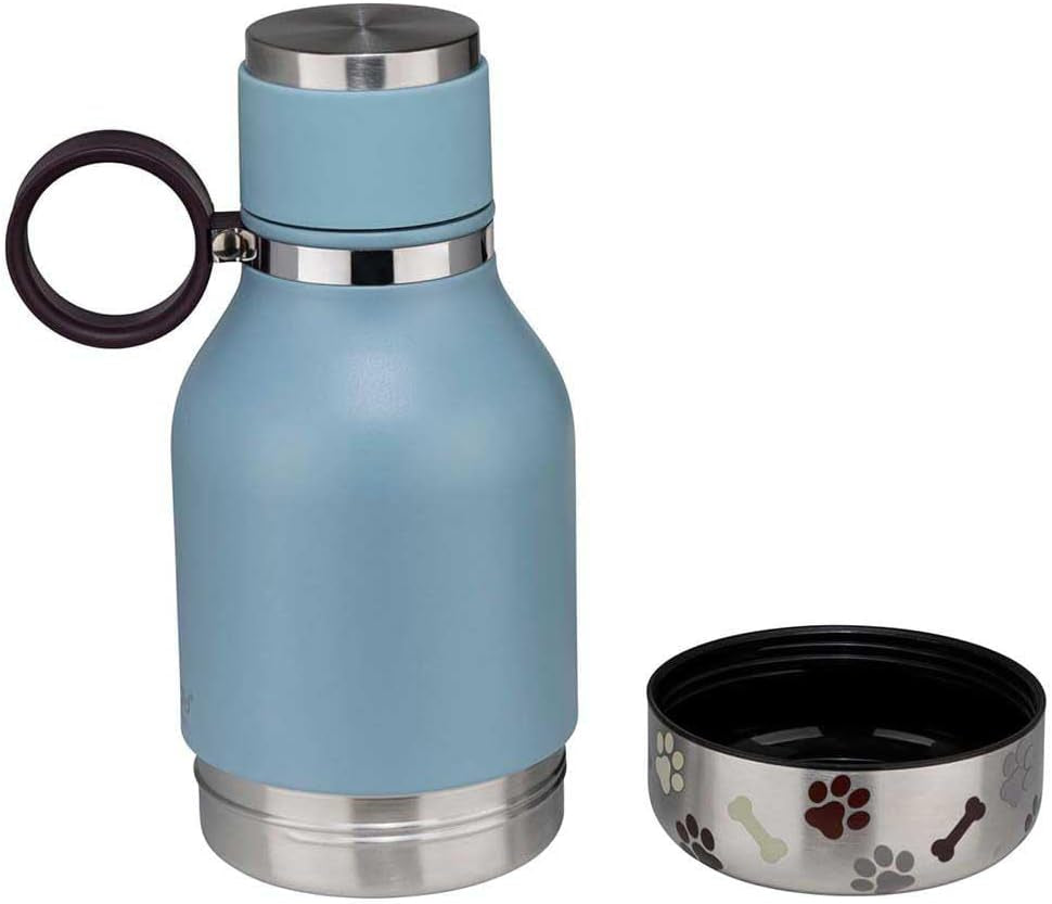 Buddy Bottle a Stainless Steel Insulated Water Bottle for with Removable Dog Water Bowl and Dog Food and Treat Storage Bowl (Blue, 37 Oz Water Bottle with Bowl)