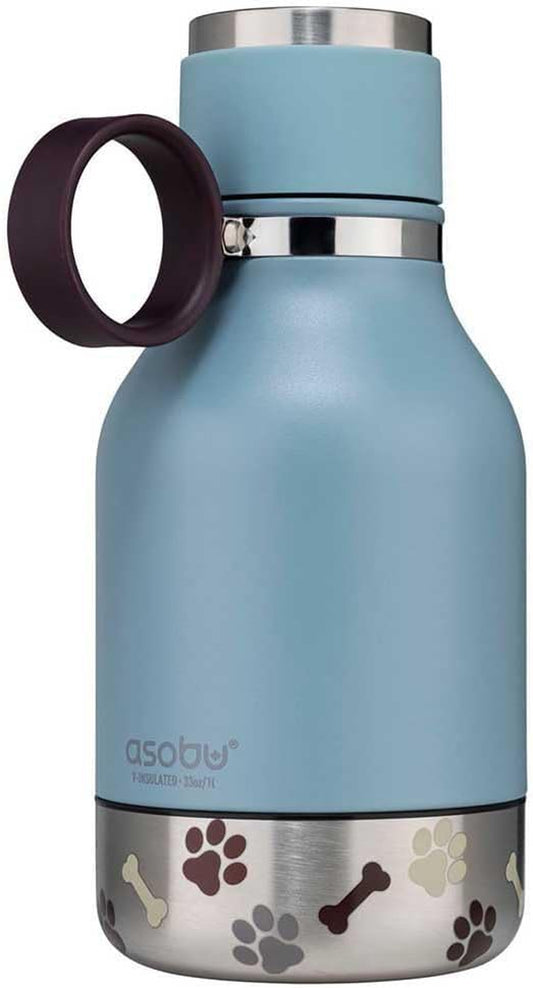 Buddy Bottle a Stainless Steel Insulated Water Bottle for with Removable Dog Water Bowl and Dog Food and Treat Storage Bowl (Blue, 37 Oz Water Bottle with Bowl)