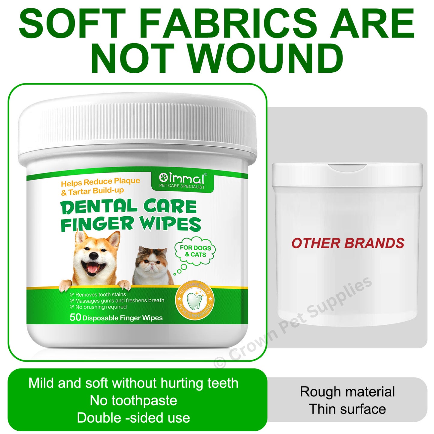 Dental Care Finger Wipes Dogs/Cats Reduces Plaque & Freshens Breath Teeth, 50Ct