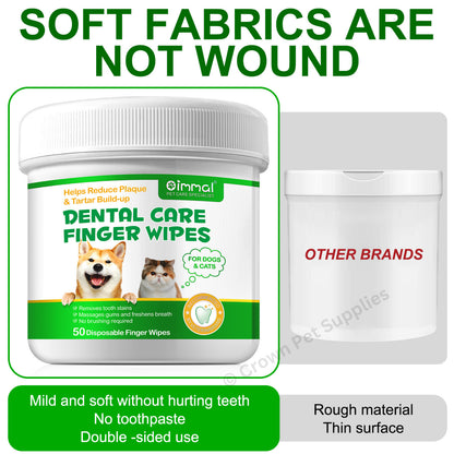 Dental Care Finger Wipes Dogs/Cats Reduces Plaque & Freshens Breath Teeth, 50Ct