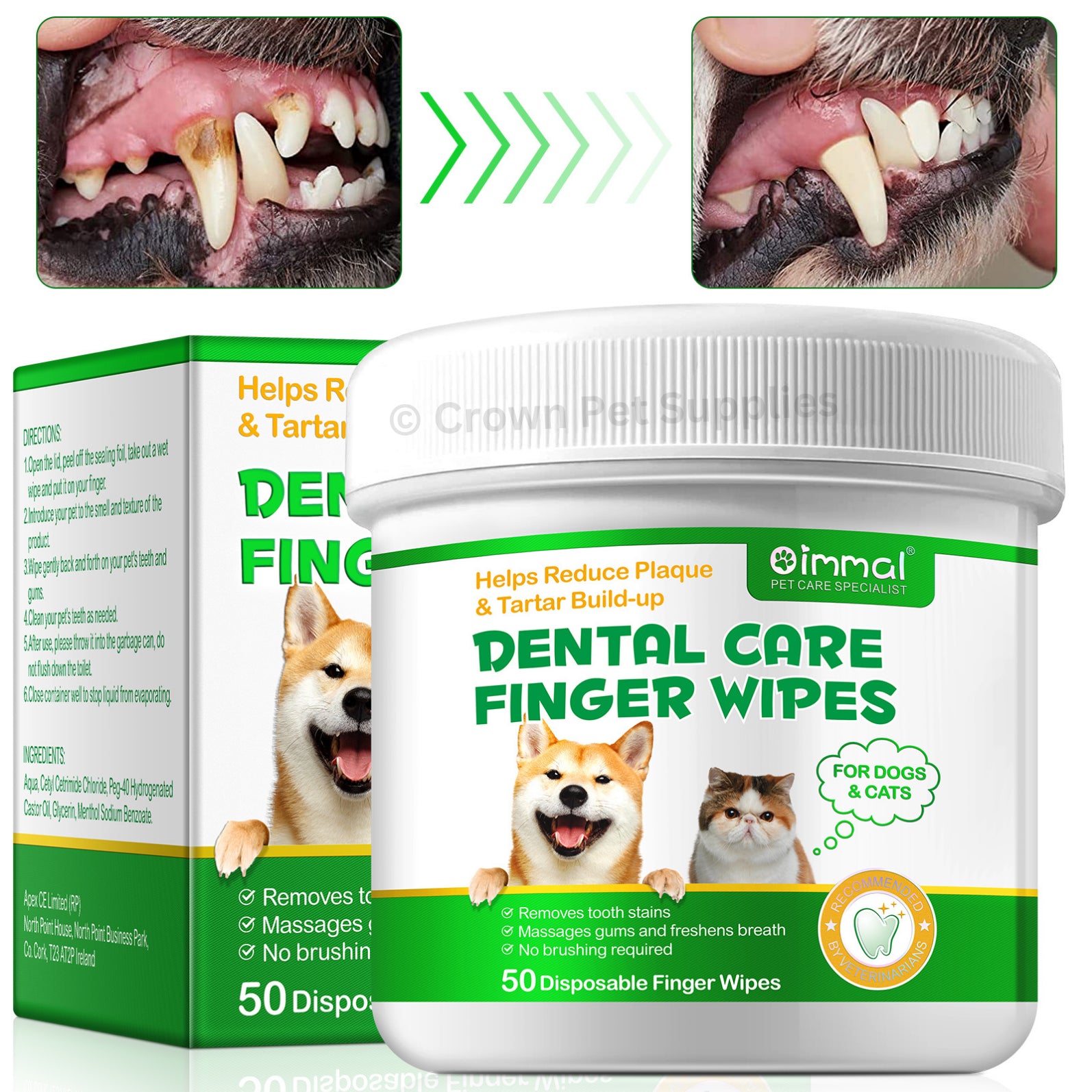 Dental Care Finger Wipes Dogs/Cats Reduces Plaque & Freshens Breath Teeth, 50Ct