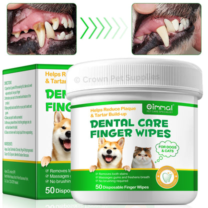 Dental Care Finger Wipes Dogs/Cats Reduces Plaque & Freshens Breath Teeth, 50Ct
